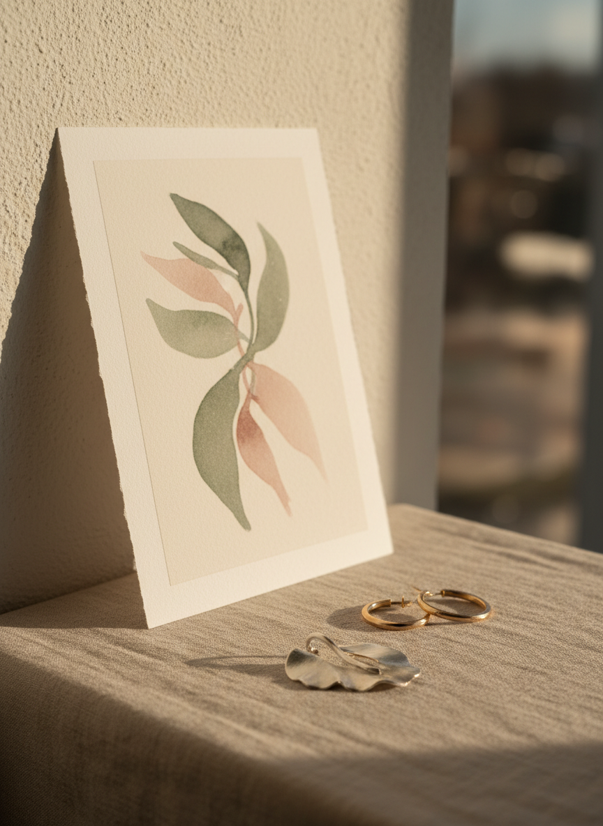 A collection of delicate handmade jewelry and art prints arranged on a soft linen-covered table, photographed in realistic detail. In the foreground, a finely textured silver pendant shaped like a small abstract leaf rests beside a pair of minimalist gold hoop earrings, both with subtle hammer marks and a gentle satin shine. Behind them, a muted watercolor art print of botanical forms leans against a light plaster wall. Late afternoon natural light filters from the left, casting soft, elongated shadows and gentle highlights on the metal surfaces. The mood is calm, refined, and artisanal, with a clean, modern composition framed using the rule of thirds and a shallow depth of field that blurs the background into a warm, inviting bokeh.