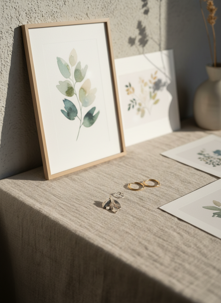 A collection of delicate handmade jewelry and art prints arranged on a soft linen-covered table, photographed in realistic detail. In the foreground, a finely textured silver pendant shaped like a small abstract leaf rests beside a pair of minimalist gold hoop earrings, both with subtle hammer marks and a gentle satin shine. Behind them, a muted watercolor art print of botanical forms leans against a light plaster wall. Late afternoon natural light filters from the left, casting soft, elongated shadows and gentle highlights on the metal surfaces. The mood is calm, refined, and artisanal, with a clean, modern composition framed using the rule of thirds and a shallow depth of field that blurs the background into a warm, inviting bokeh.