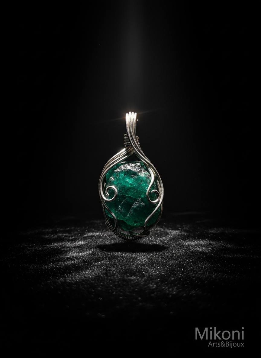 A dramatic close-up photographic scene of a single handcrafted pendant suspended above a dark velvet surface. The pendant is composed of a small, irregularly shaped piece of polished raw stone in deep emerald green, wrapped in fine, oxidized silver wire that swirls into graceful curves. Subtle patina on the metal adds depth and character. A narrow beam of spotlight from above creates a luminous highlight on the stone’s facets, leaving the edges of the frame in soft shadow. Faint reflections shimmer on the velvet, emphasizing its plush texture. The overall mood is mysterious, luxurious, and artistic, with a low-angle perspective that makes the pendant appear almost monumental, perfect for showcasing a signature Mikoni Arts&Bijoux creation.