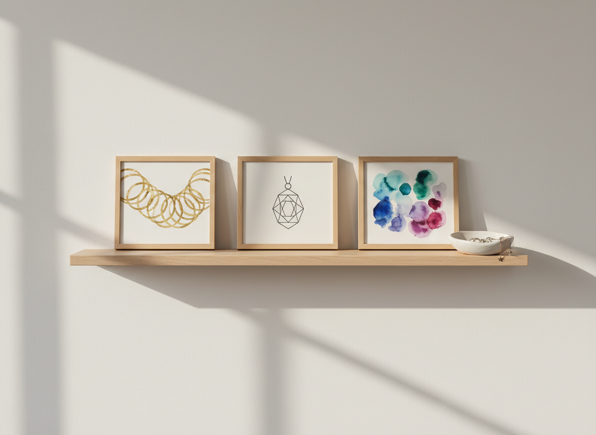 A set of three small, square art prints displayed on a pale wooden shelf, each featuring different abstract designs inspired by jewelry forms, photographed in clean, realistic detail. One print shows overlapping golden circles reminiscent of bangles, another displays a delicate line drawing of a pendant, and the third presents a watercolor wash of jewel-like colors. A handcrafted ceramic jewelry dish in matte white, filled with a few dainty rings and a single tiny charm bracelet, sits to the right of the prints. Gentle morning light streams through an unseen window, casting soft, diagonal shadows along the wall and shelf. The mood is airy, creative, and contemporary, with a balanced composition using negative space and an eye-level perspective to highlight both art and bijoux as harmonious design objects.