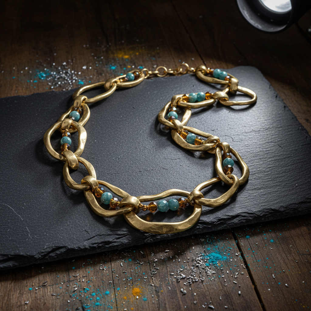 An exquisitely crafted statement necklace displayed atop a dark, matte slate slab, captured in photographic realism. The necklace features hand-formed brass links with organic, irregular shapes, interspersed with small, translucent gemstone beads in soft teal and amber tones. Each metal surface shows fine tool marks and a brushed finish that catches the light. The slate rests on a wooden workbench dusted with faint traces of metal filings and pigment powder. Overhead, focused studio lighting creates dramatic yet soft highlights on the metal and gemstones, with gentle shadows that emphasize texture. The composition is shot from a slightly elevated angle, with the necklace forming a loose curve across the frame. The atmosphere feels artistic, intimate, and luxurious, celebrating the handcrafted nature of bijoux creation.