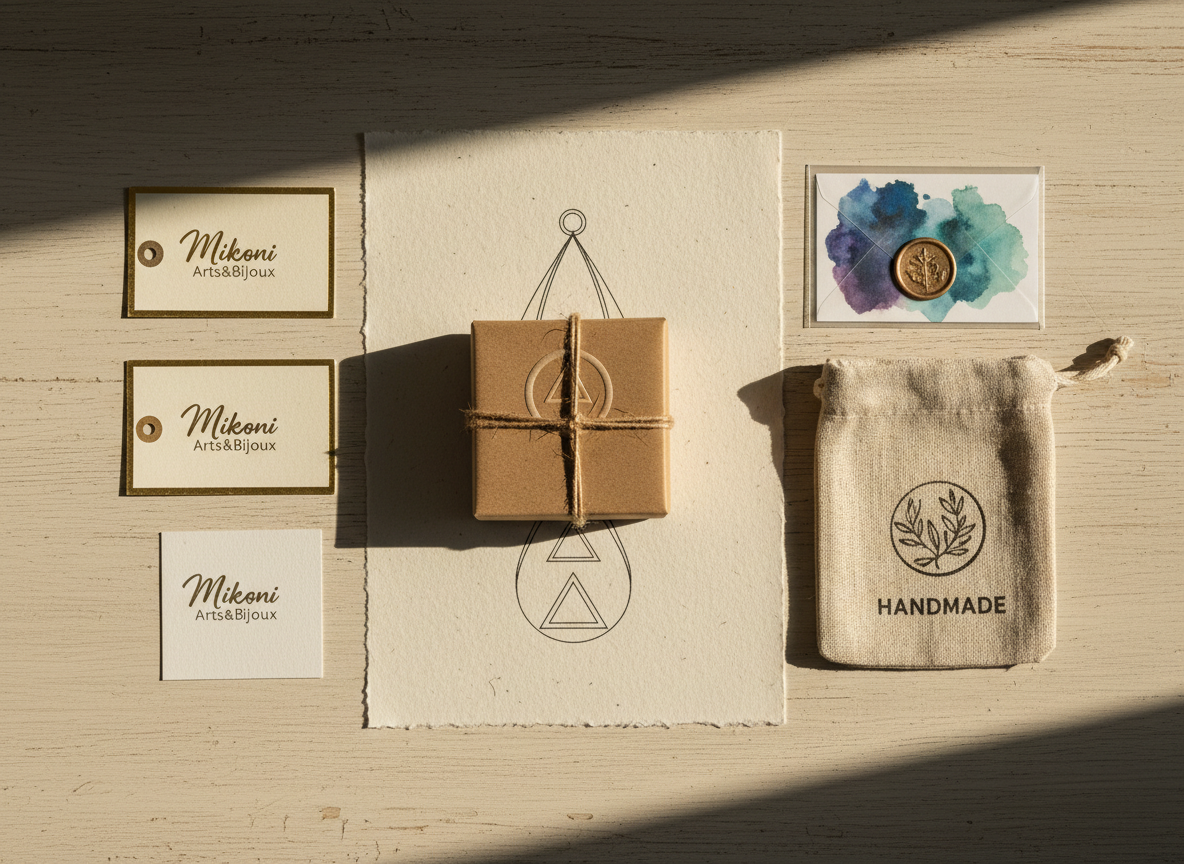 An elegant flat lay composition of packaging and branding elements for a handmade art and jewelry studio, captured in photographic realism. At the center, a small kraft paper jewelry box with a minimalist embossed logo is tied with thin natural twine, resting on a textured off-white paper sheet printed with a delicate line-art illustration of a pendant. Surrounding it, there are custom tags with gold-foil accents, a tiny glassine envelope containing a thank-you card with watercolor jewel tones, and a folded, ink-stamped linen pouch. Soft, warm overhead lighting creates gentle shadows that highlight the textures of paper, fabric, and twine. The atmosphere is refined and artisanal, emphasizing craftsmanship and attention to detail, with a slightly elevated, symmetrical composition that feels intentional and brand-focused for Mikoni Arts&Bijoux.
