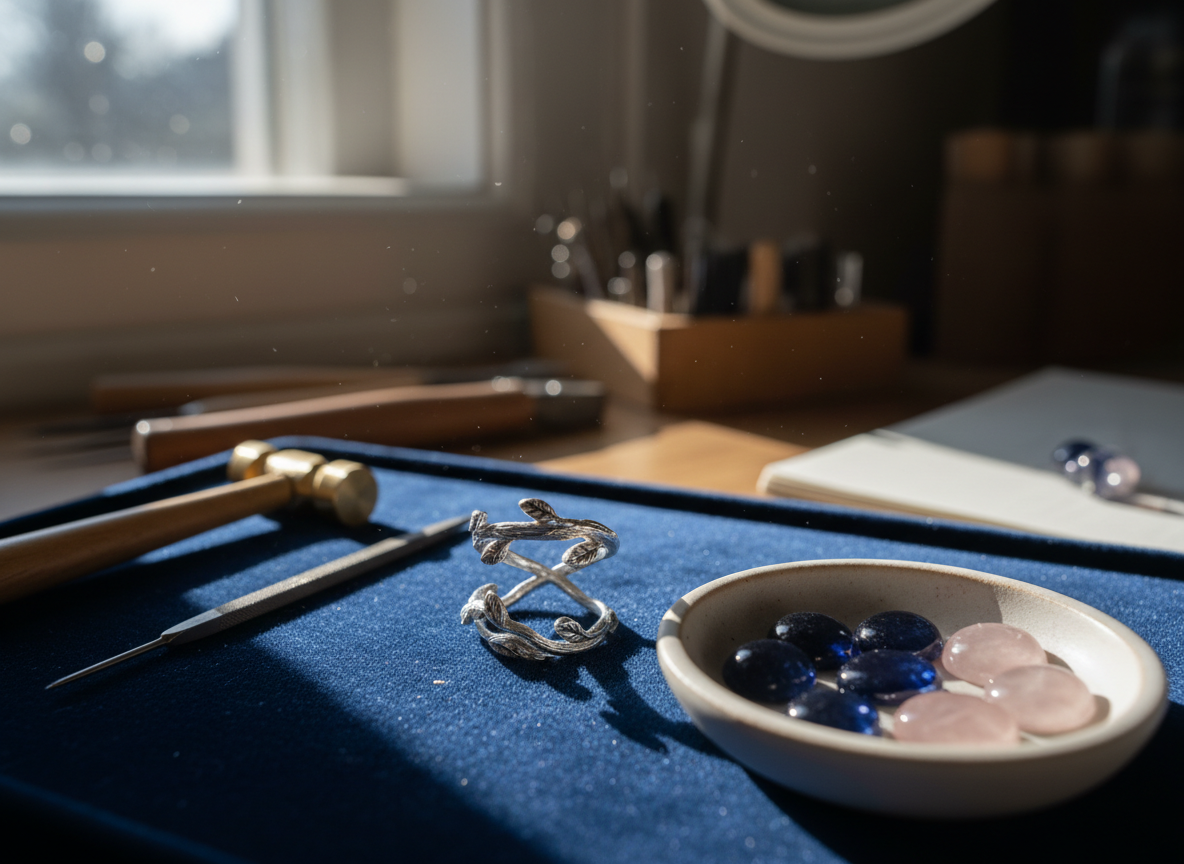 A close-up photographic view of a jeweler’s work-in-progress: a partially formed silver ring held gently in a small velvet-lined tray beside scattered tools. The ring features an open, sculptural design resembling intertwining vines, with tiny engraved details and areas still slightly rough from recent filing. Around it lie a fine needle file, a small brass hammer, and a ceramic dish containing glimmering gemstone cabochons in deep blue and rose quartz pink. Soft diffused daylight enters from a nearby window, illuminating dust motes and creating a serene, focused atmosphere. The composition is centered on the ring, with a shallow depth of field that softly blurs the tools and background, evoking the quiet concentration and artistry of handmade jewelry making.